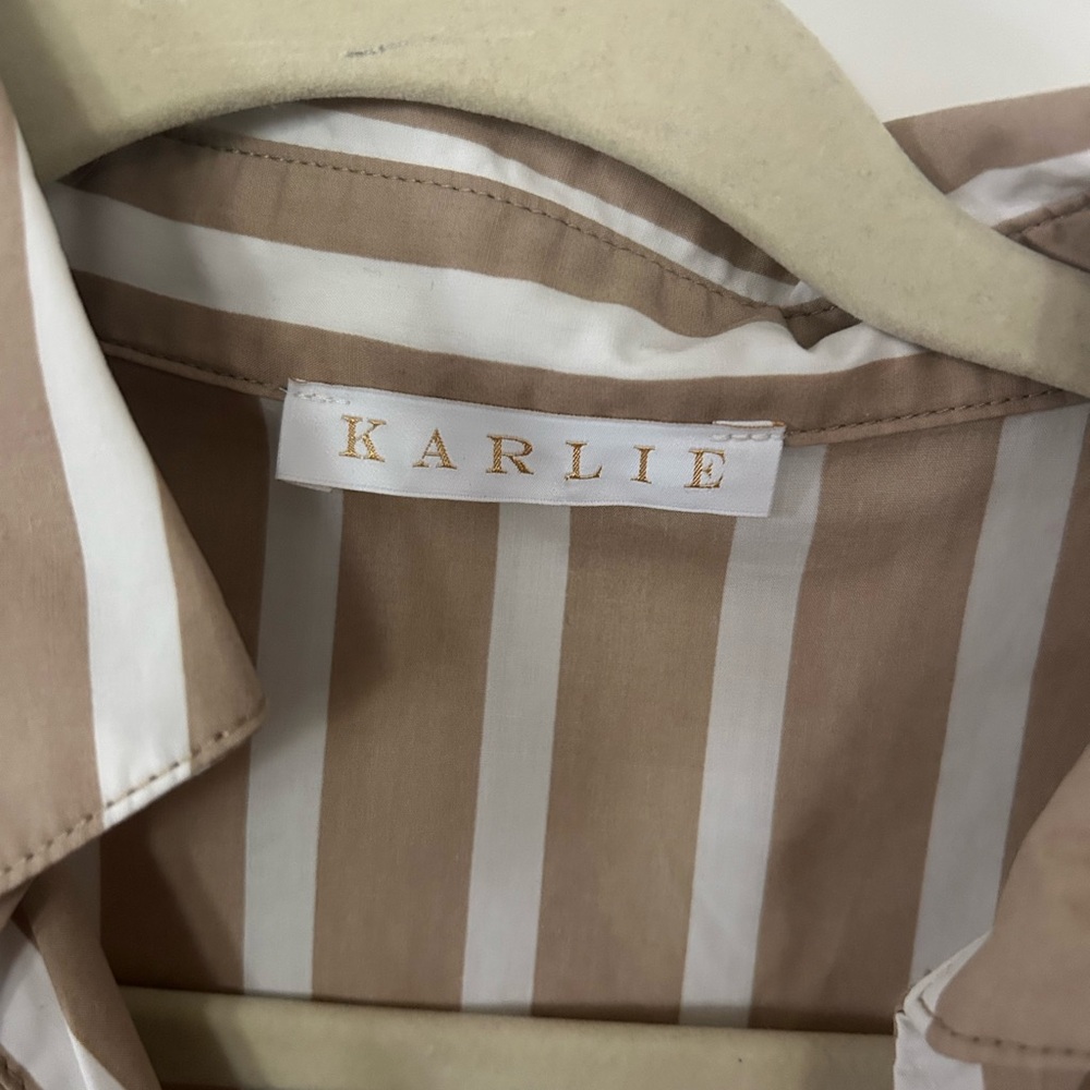 Karlie Poplin Striped Tan and White Dress - Picture 4 of 6